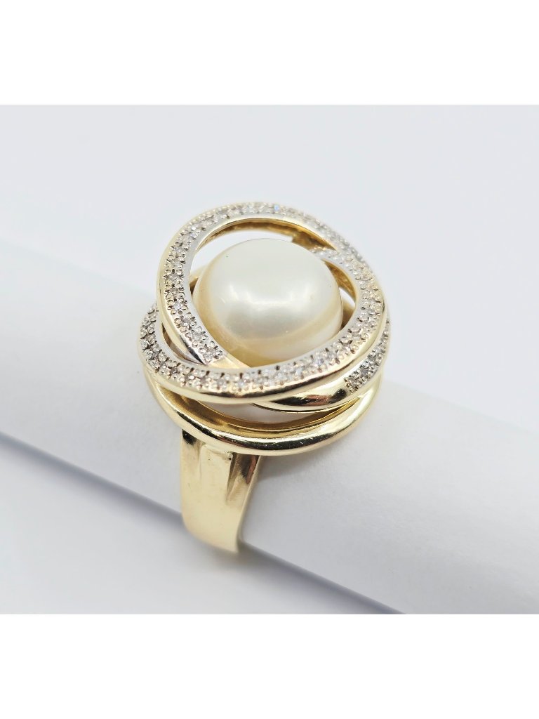 Unique 14k Solid Yellow Gold Designer Pearl  Diamond Knot Swirl Ring Size 725